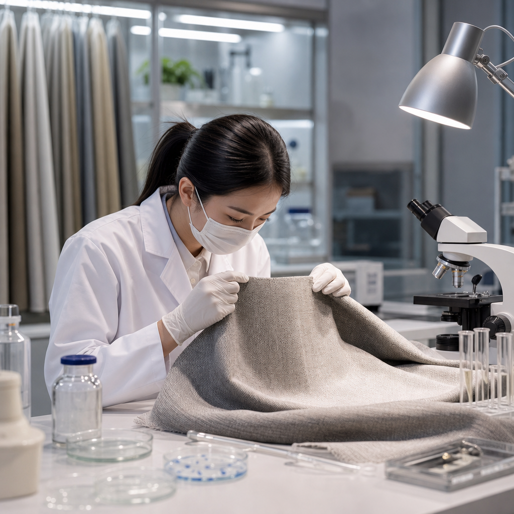 Antibacterial finish testing lab with textile samples and sterile tools