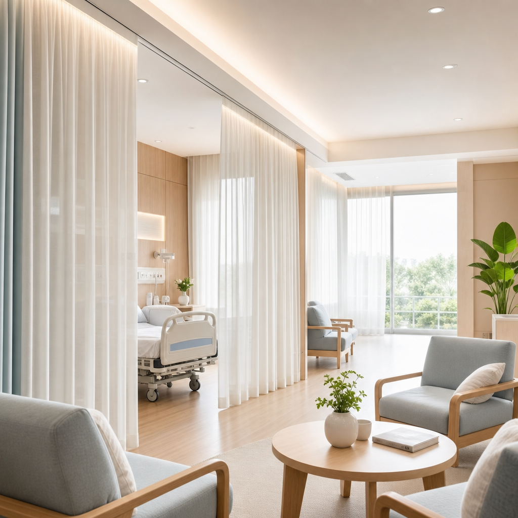 Bright healthcare lounge with sheer antibacterial curtains, pale wood finishes, and clinical-grade cleanliness