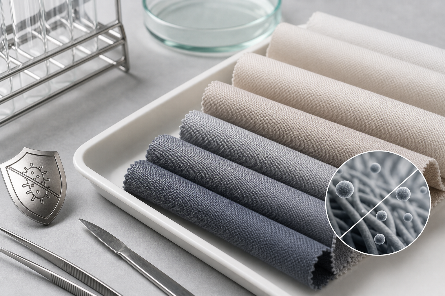 Antibacterial curtain fabric swatches with clean laboratory tools