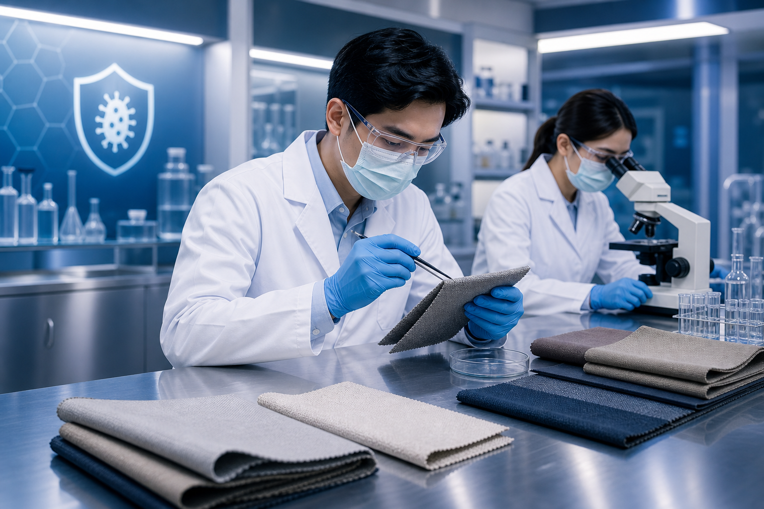 High-end laboratory scene with technicians examining antibacterial textile swatches under soft blue lighting