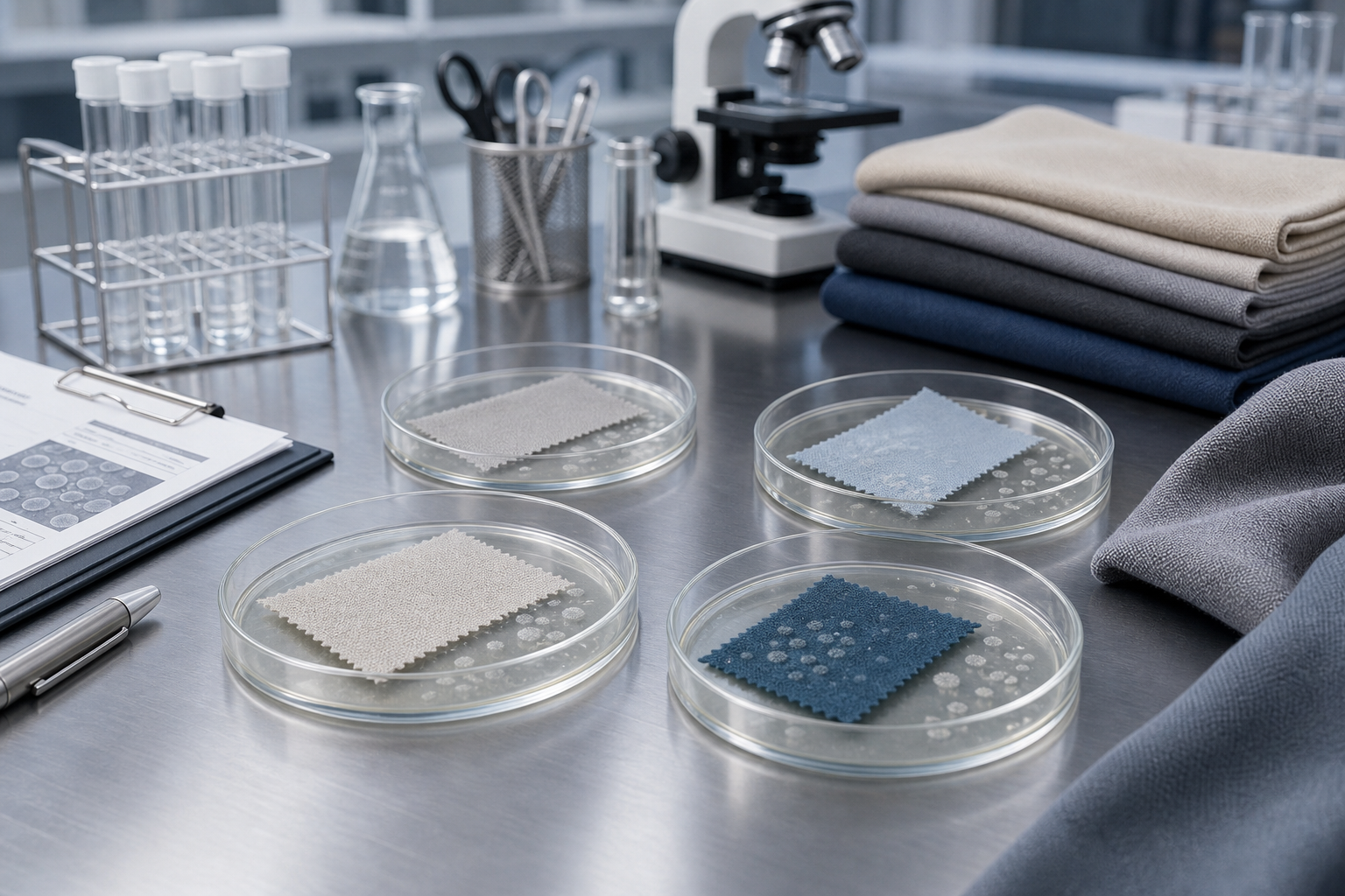 Antibacterial textile testing lab with fabric samples in petri dishes and a clean stainless work surface