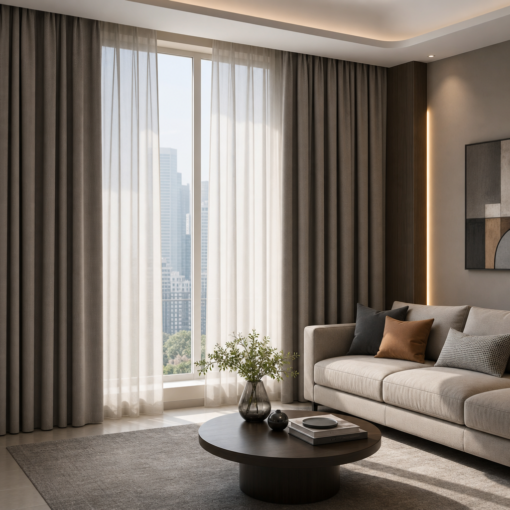 Modern apartment living room with layered curtains and daylight filtering textiles