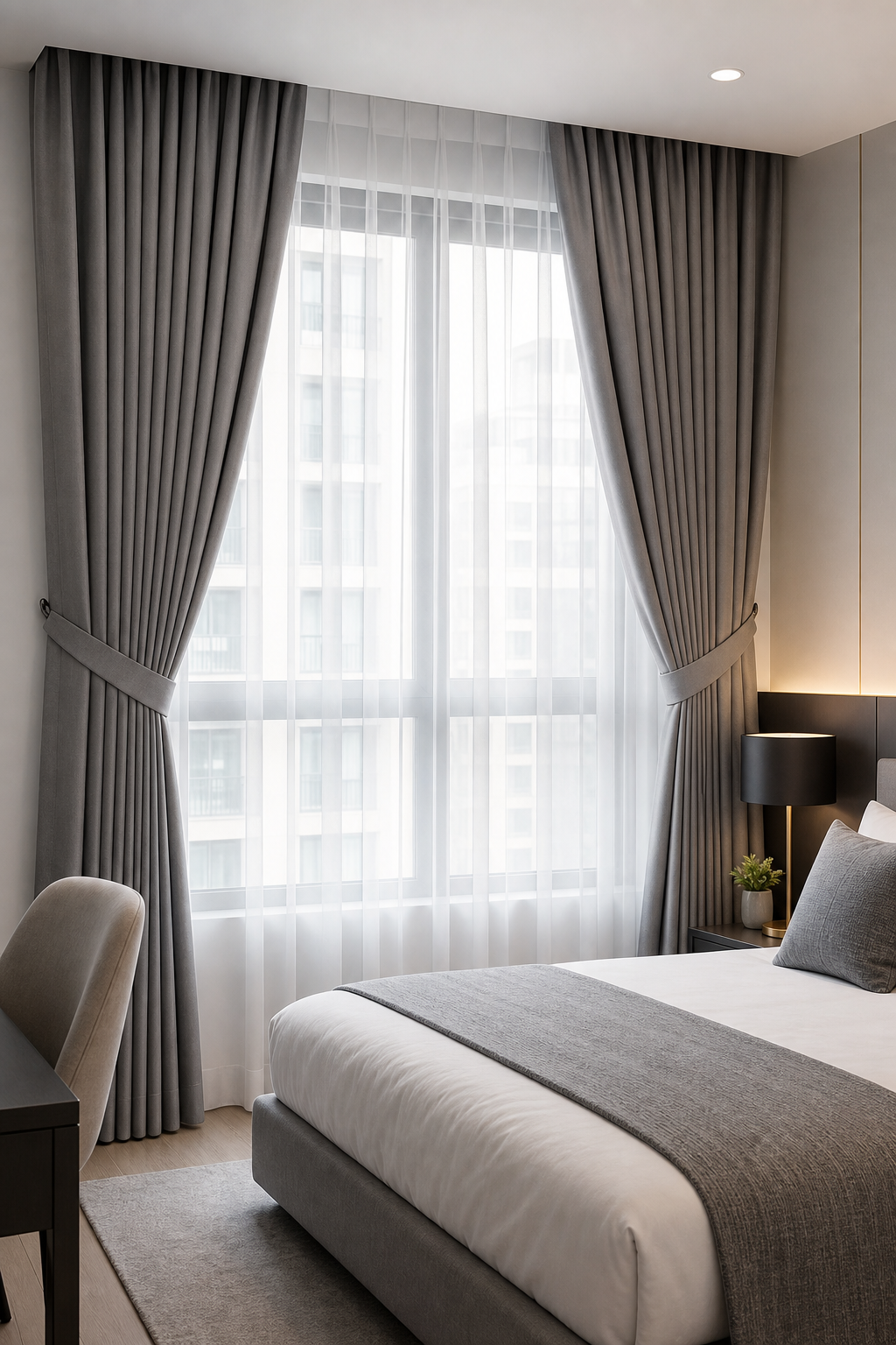 Apartment drapery set with coordinated panels and tiebacks
