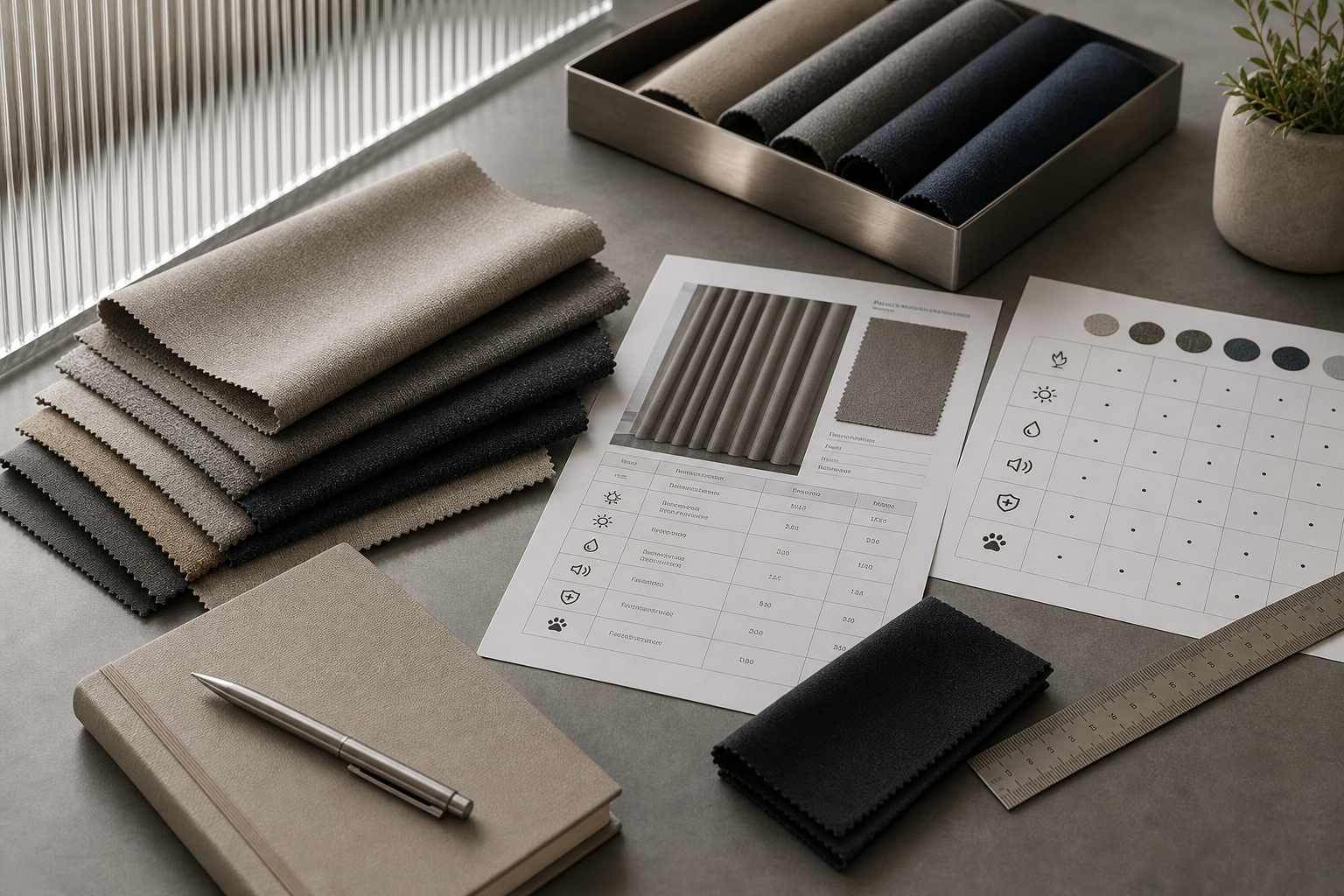 Luxury textile knowledge workspace with fabric samples, specification sheets, and planning tools