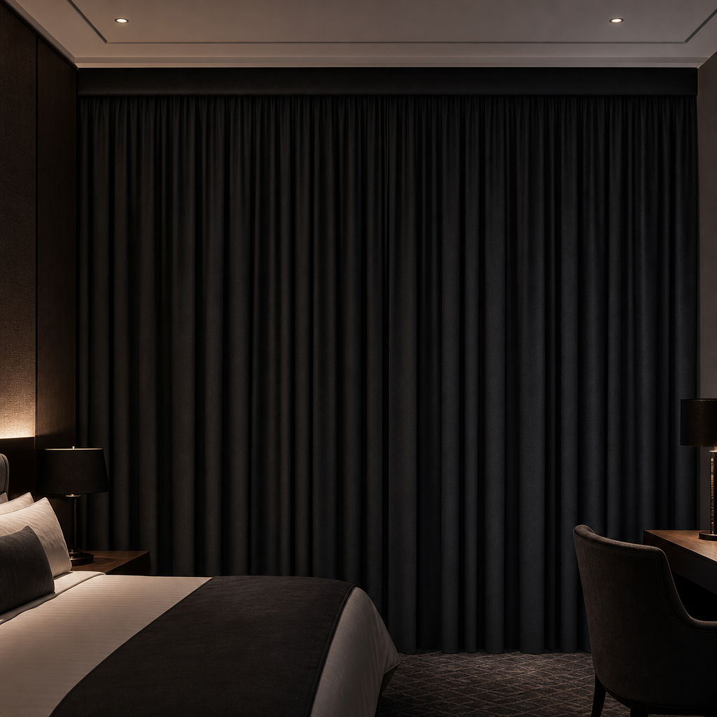 Sealed hotel room with heavy blackout curtains fully closed, creating a completely dark interior with no visible light leaks