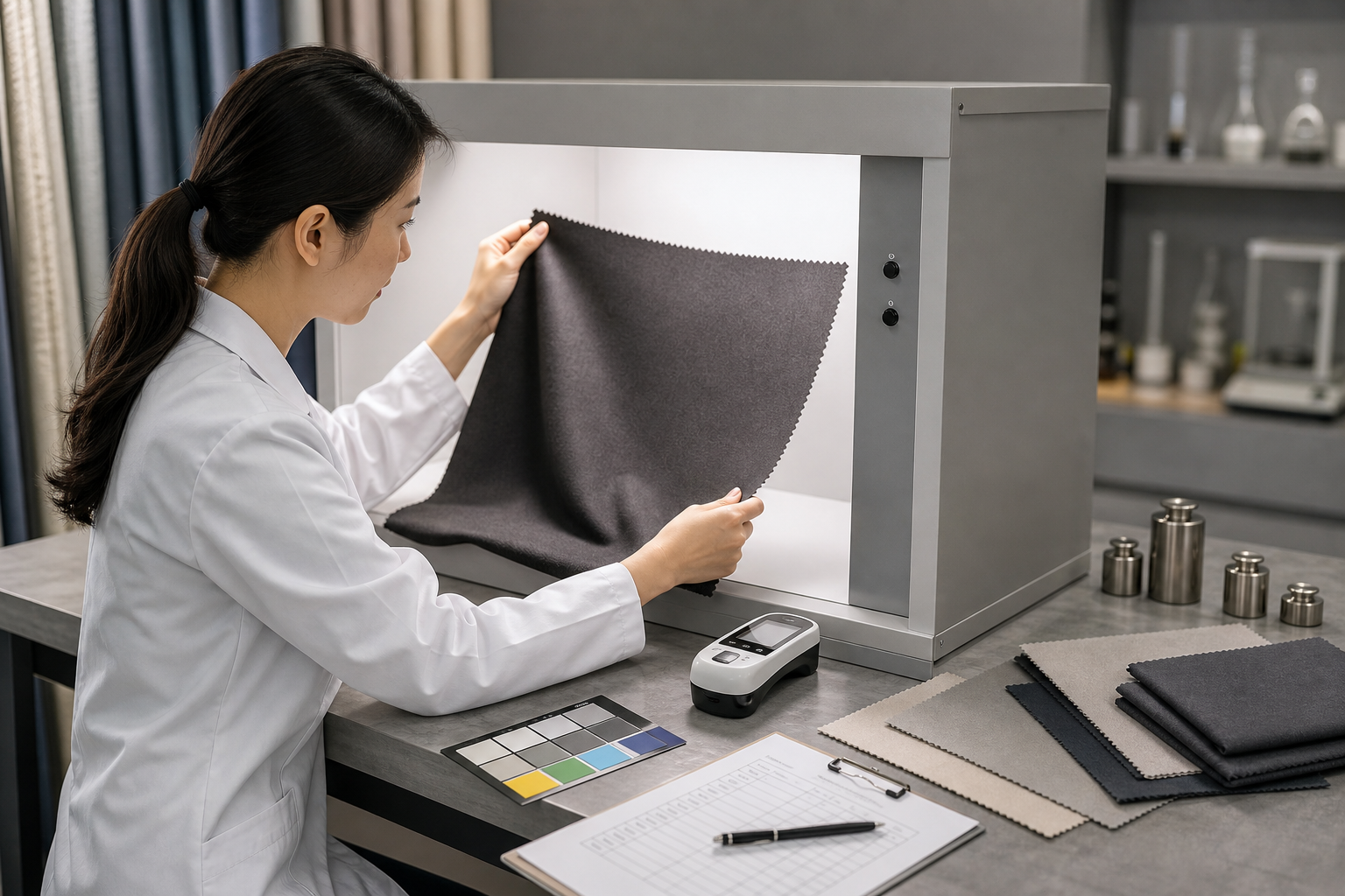 Laboratory technician examining blackout fabric under a controlled light box with measurement tools nearby