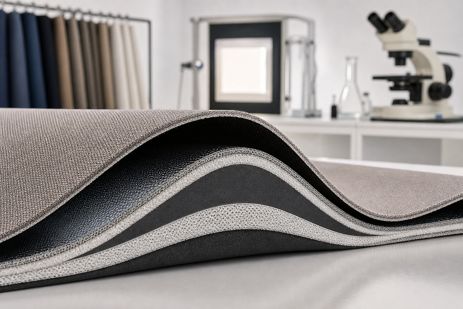 Layered blackout curtain fabric cross-section showing coating structure and light-blocking performance