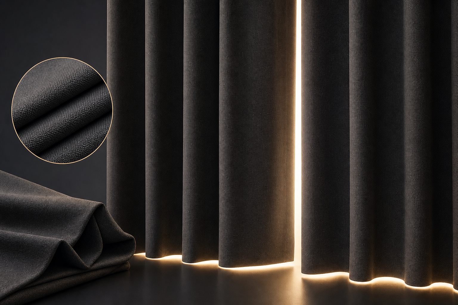 Premium blackout fabric panels lit from behind to show precise light-blocking performance