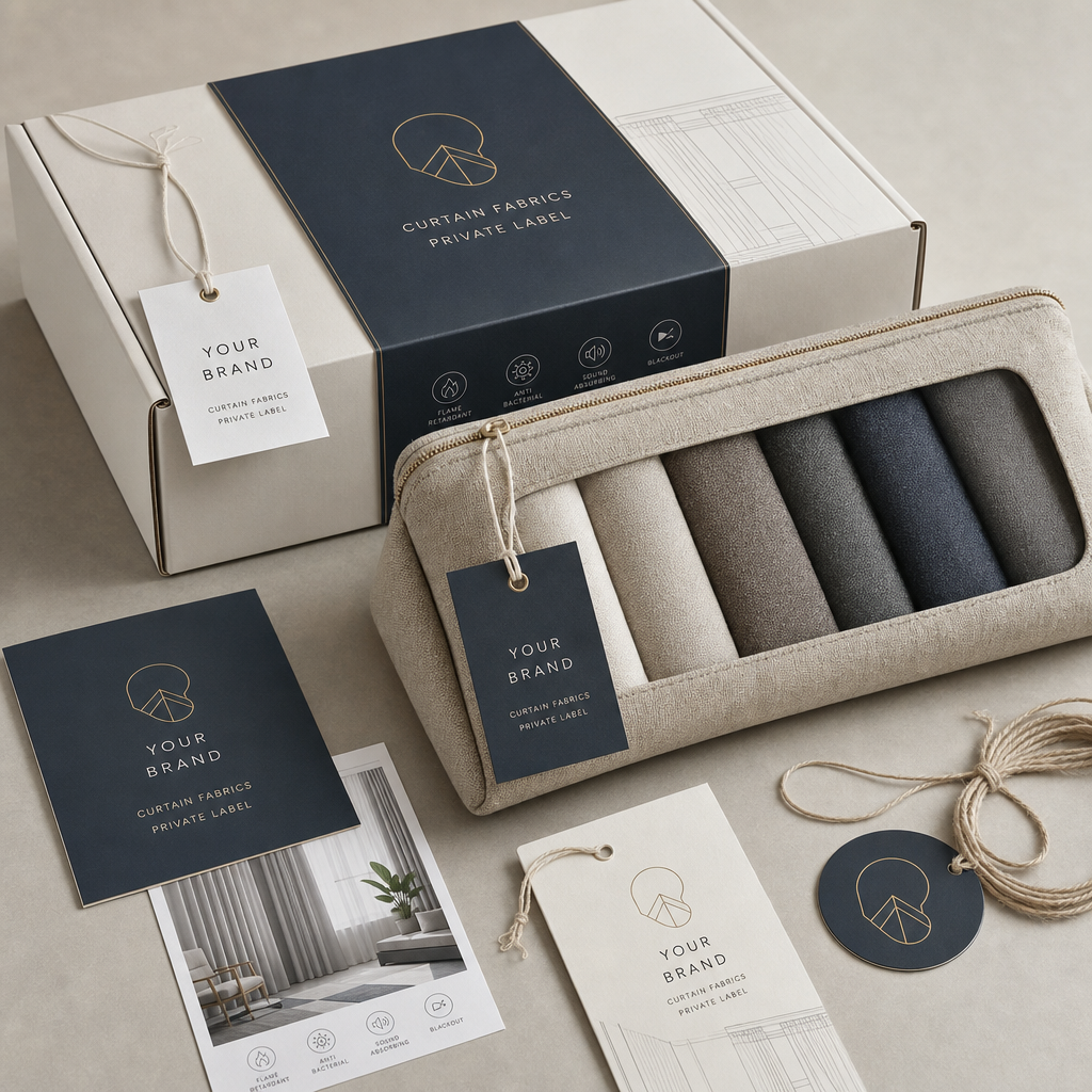 Set of private label curtain packaging mockups with tags and inserts