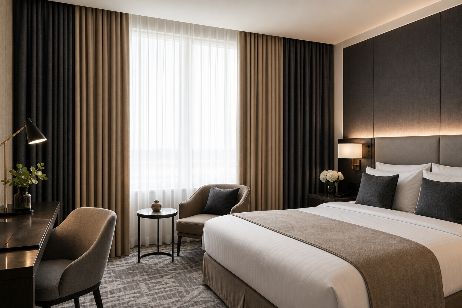Tailored finished curtains in charcoal and sand tones displayed in a refined hotel guest room setting
