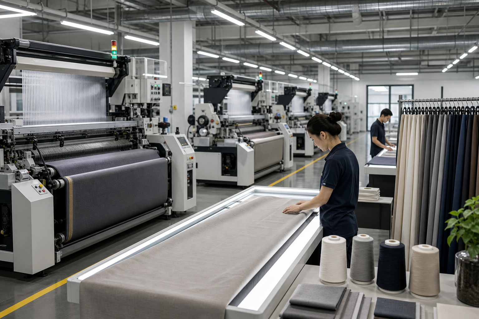 Modern textile manufacturing floor with weaving looms and quality inspection stations under clean lighting