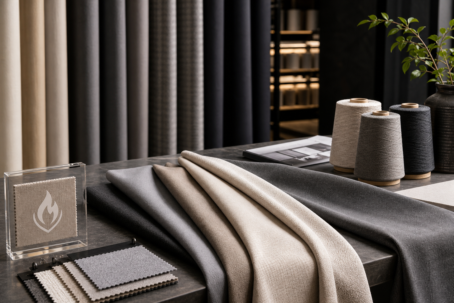 Premium blackout and flame-retardant curtain fabrics in neutral tones arranged on a modern textile sampling table