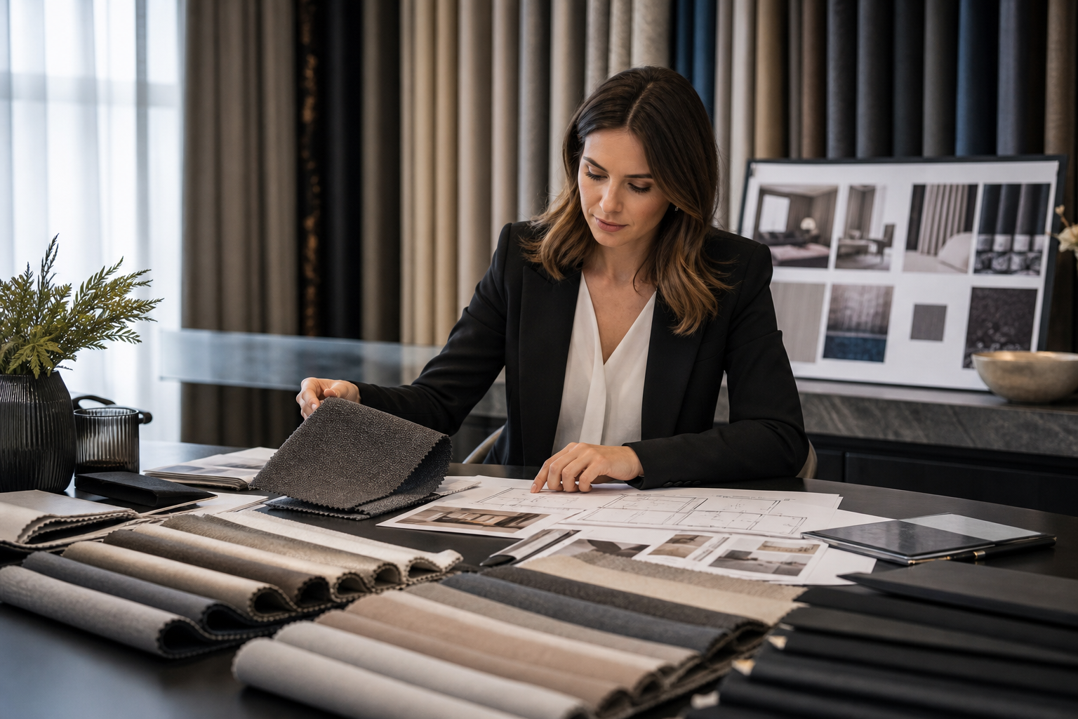 Interior designer reviewing curtain fabric swatches and project documents on a conference table