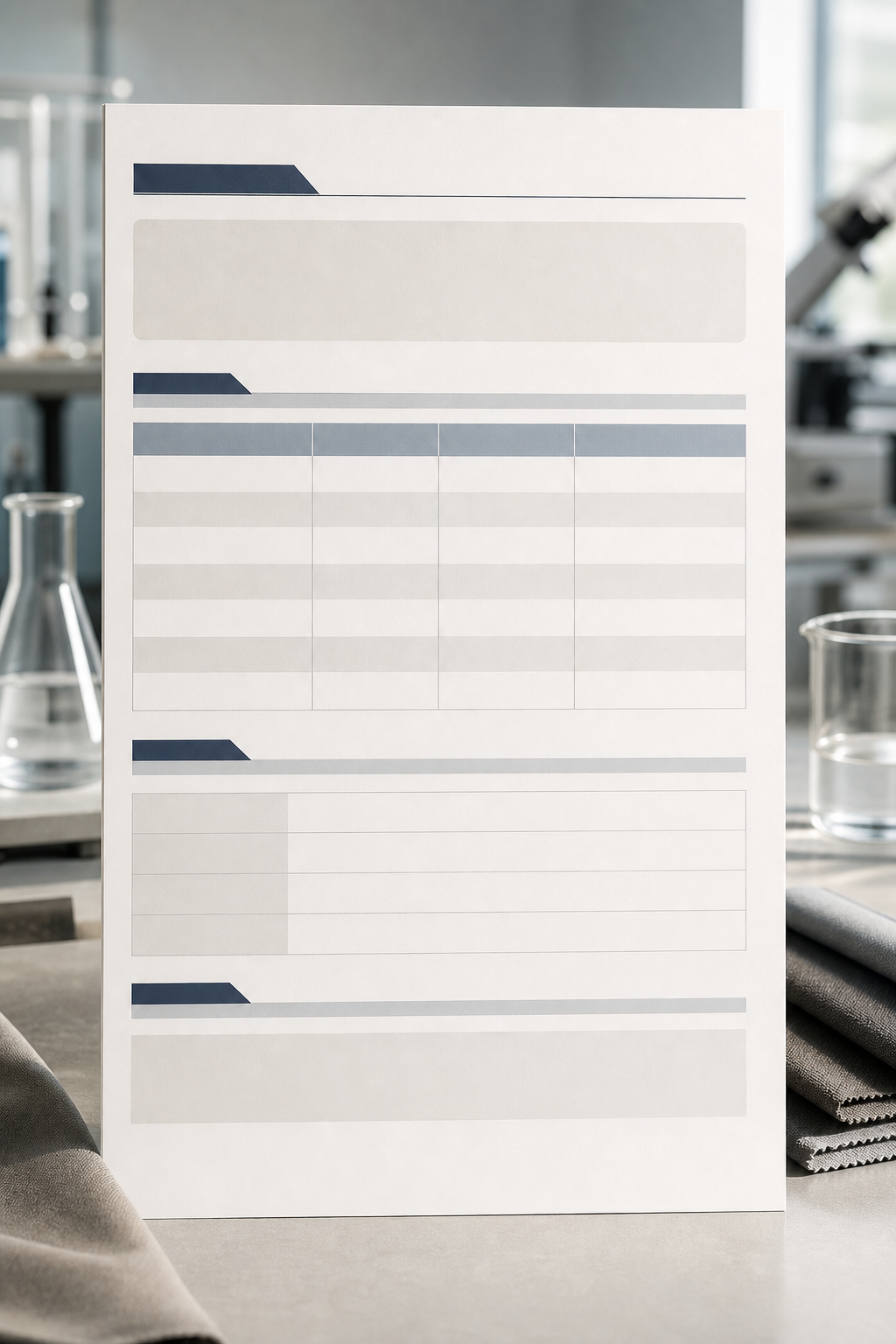 Vertical lab report placeholder representing Canadian flame-retardant testing documentation, with clean table bands and restrained headings.