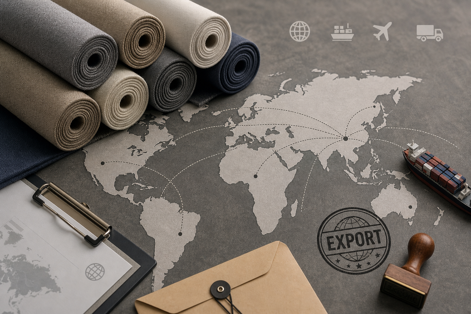 Global shipping map with textile rolls, export stamps, and logistics icons arranged on a neutral industrial surface