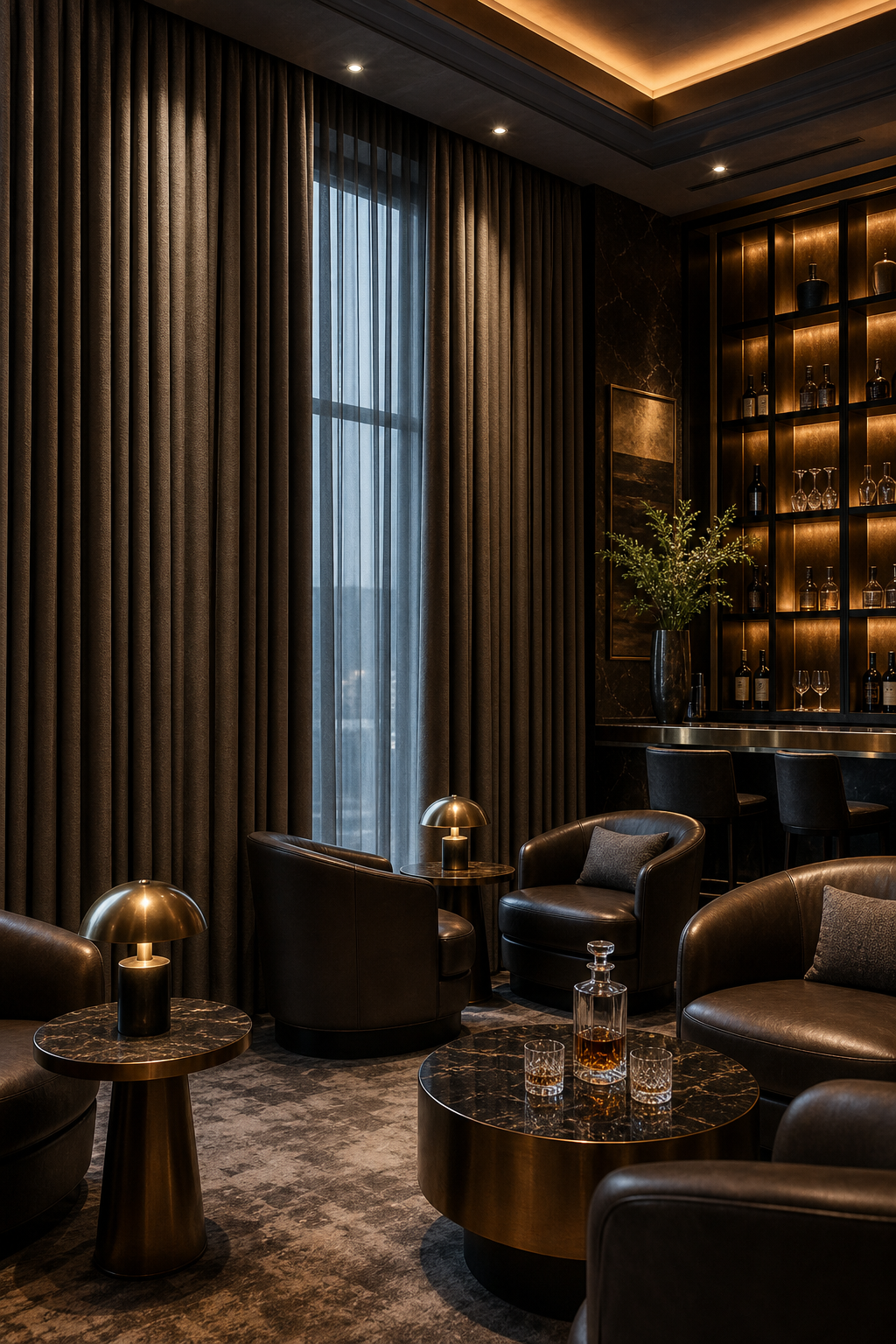 Upscale private club lounge with layered drapery, dim lighting, and modern seating.