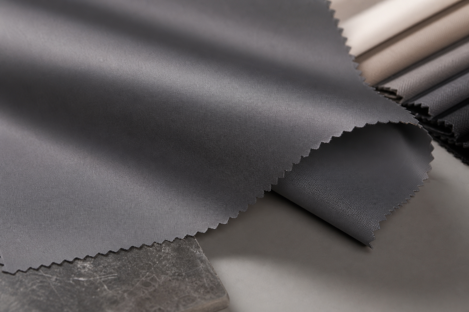 Studio-lit coated blackout fabric sample in graphite with smooth matte finish on a worktable