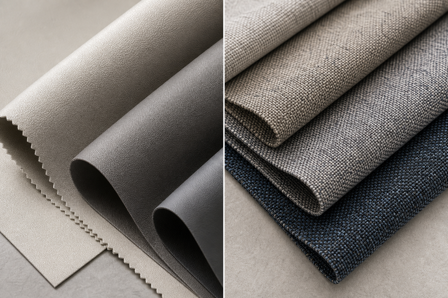 Close-up comparison of coated and woven curtain fabric textures