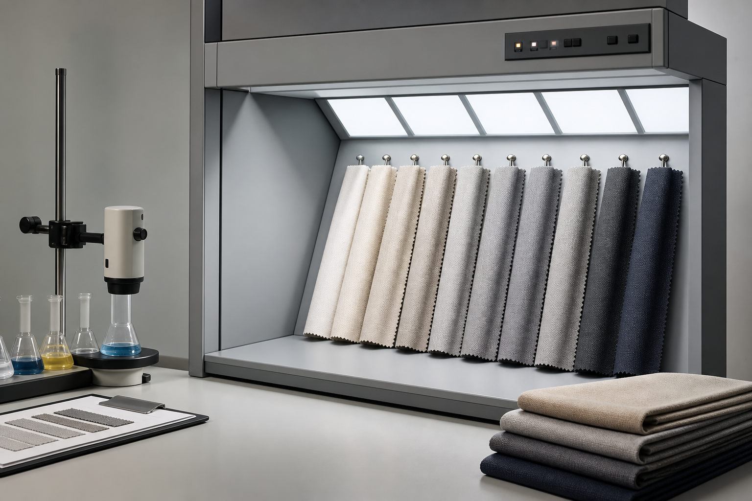 Studio-grade color fastness testing with fabric swatches aligned beside calibrated light panels