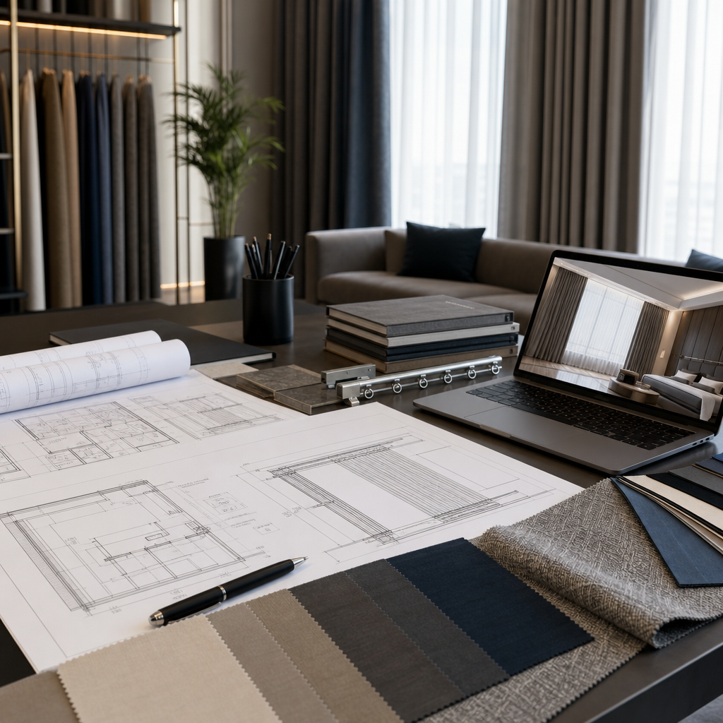 Commercial lobby planning desk with curtain elevations and material notes