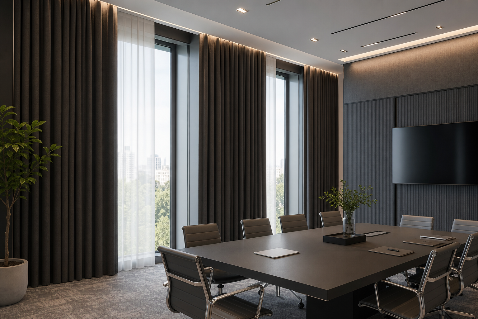 Large commercial meeting space with tall windows, charcoal acoustic curtains, and clean architectural lighting