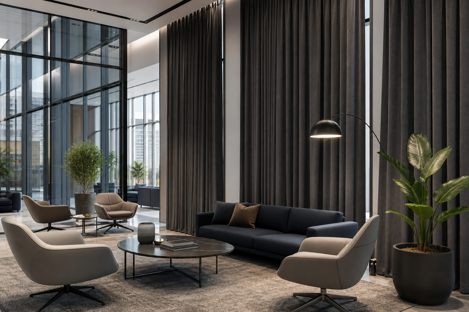 Contemporary corporate lounge with tall acoustic drapery in charcoal fabric, glass walls, and soft daylight