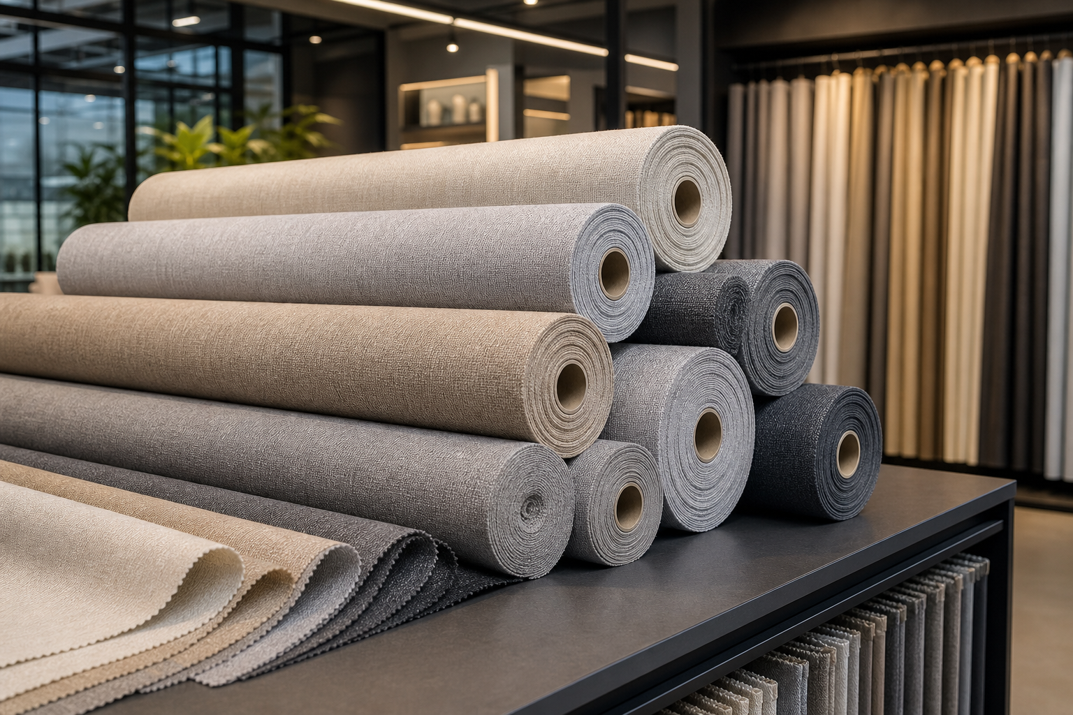 Premium rolls of functional curtain fabrics in neutral and charcoal tones stacked in a modern textile showroom