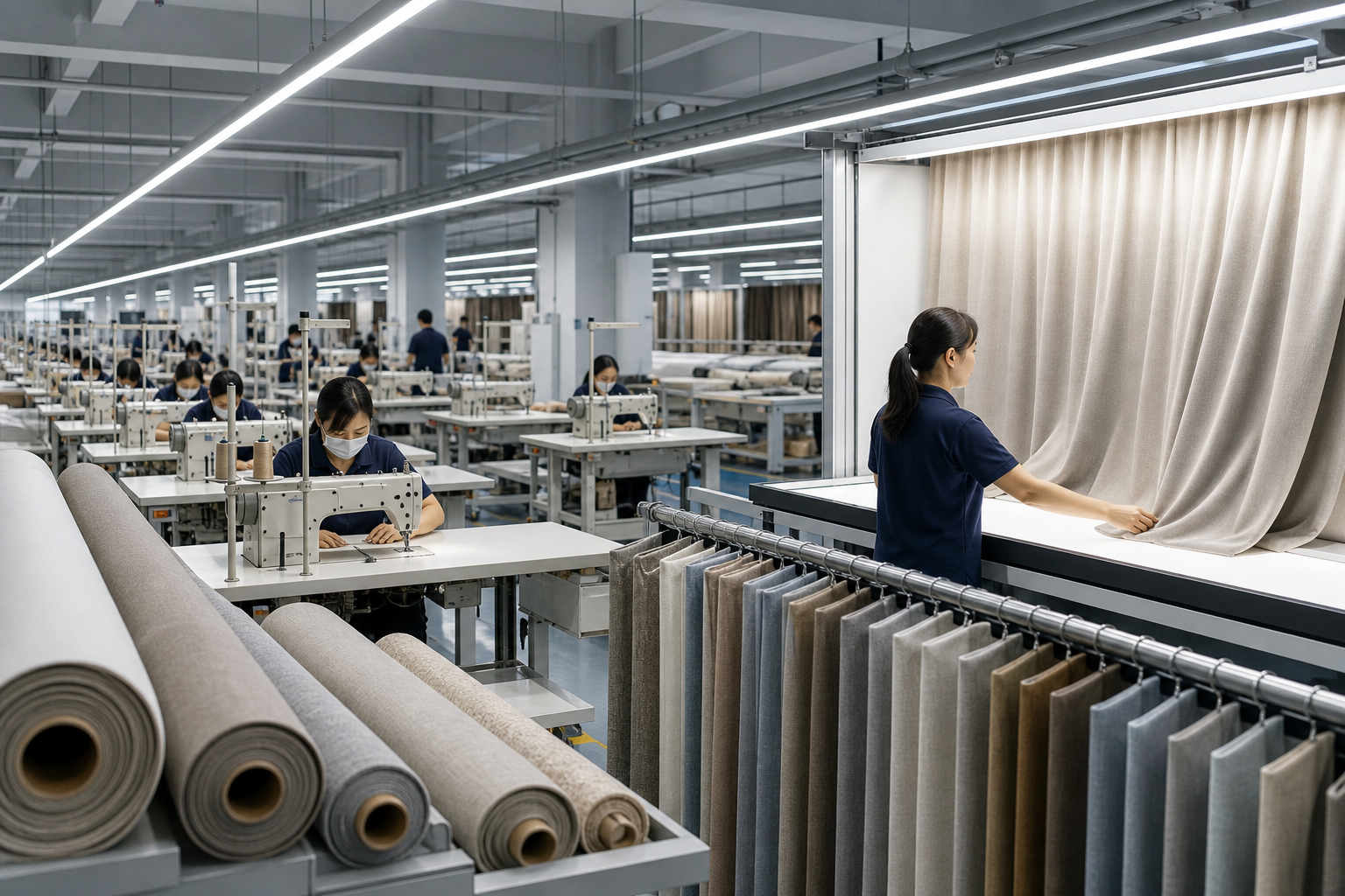 Modern curtain manufacturing line with sewing stations and quality inspection lighting