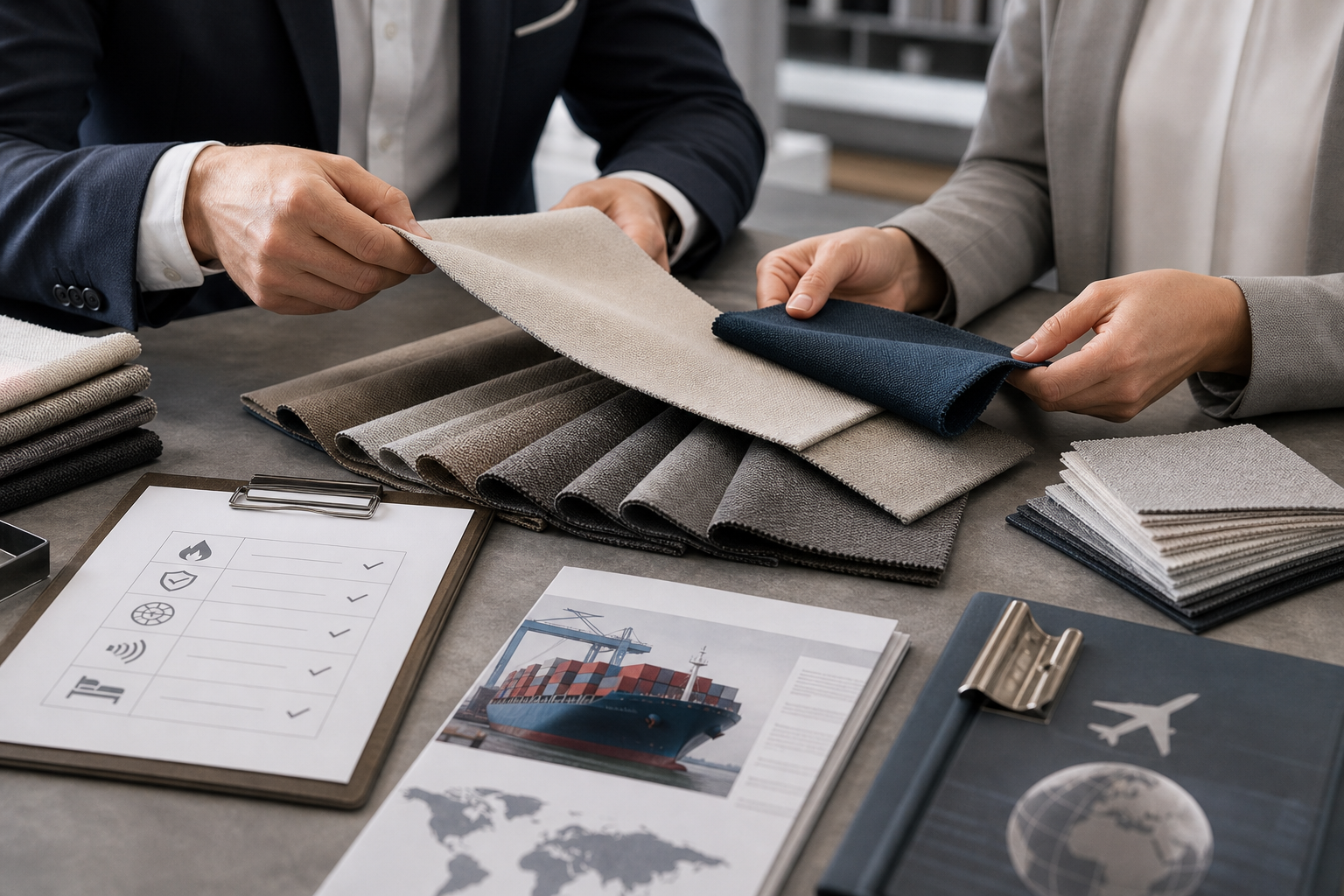 Executive team inspecting curtain fabric swatches with a printed compliance checklist and export documents on a modern desk