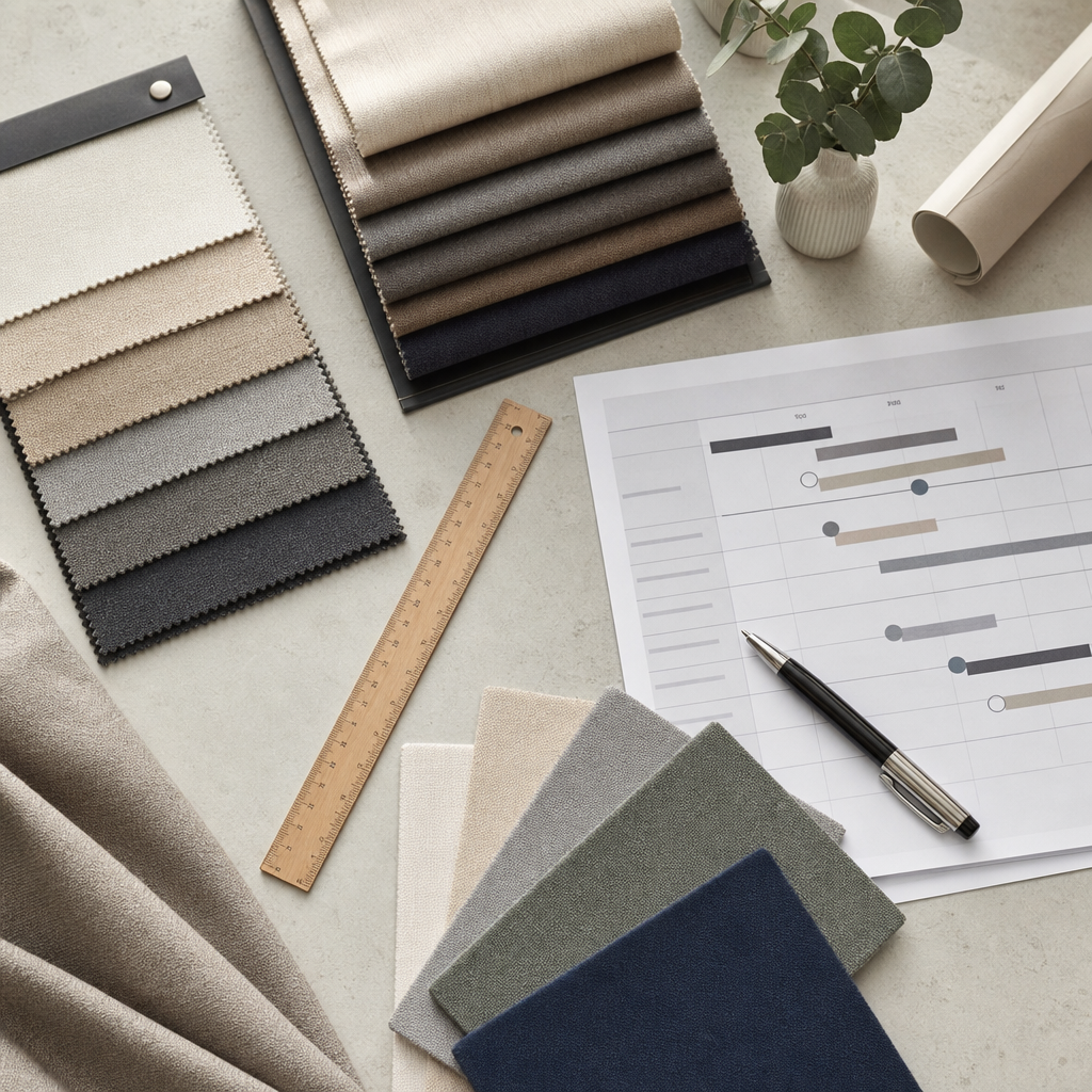 Custom program planning meeting with fabric books and project schedules on a premium desk