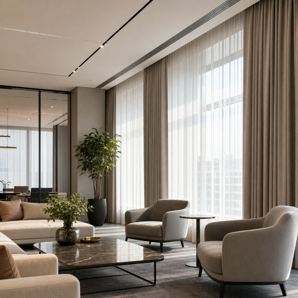 Contemporary office lounge with large windows, soft daylight, and layered light-filtering curtains