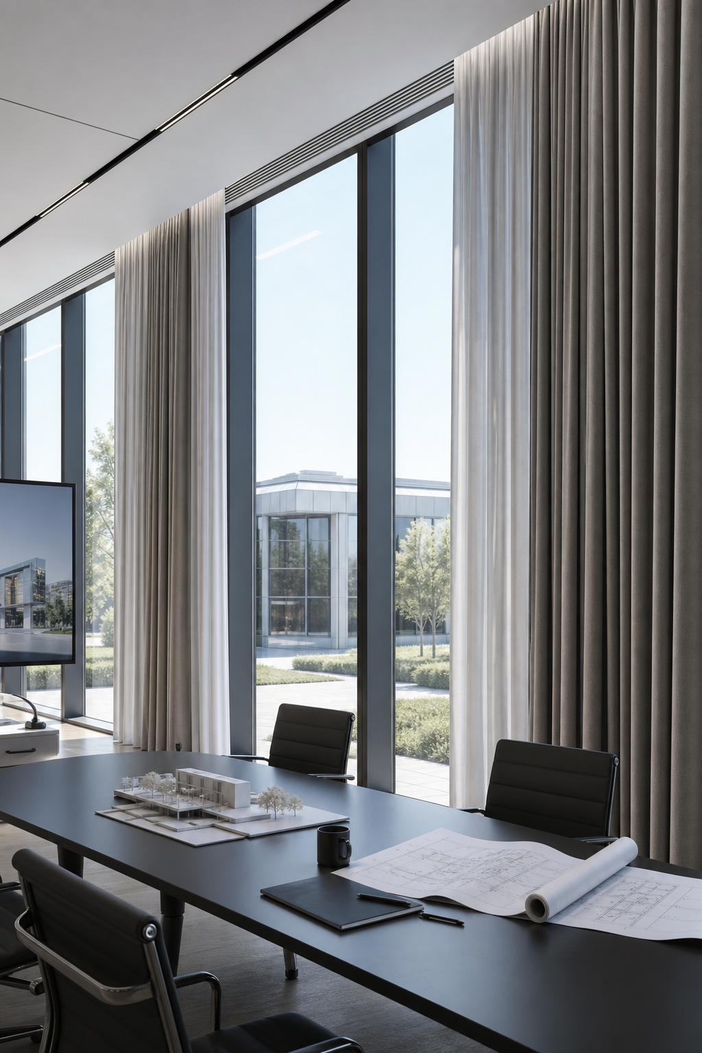 Modern engineering office with wide windows, technical drapery, and structured meeting tables.
