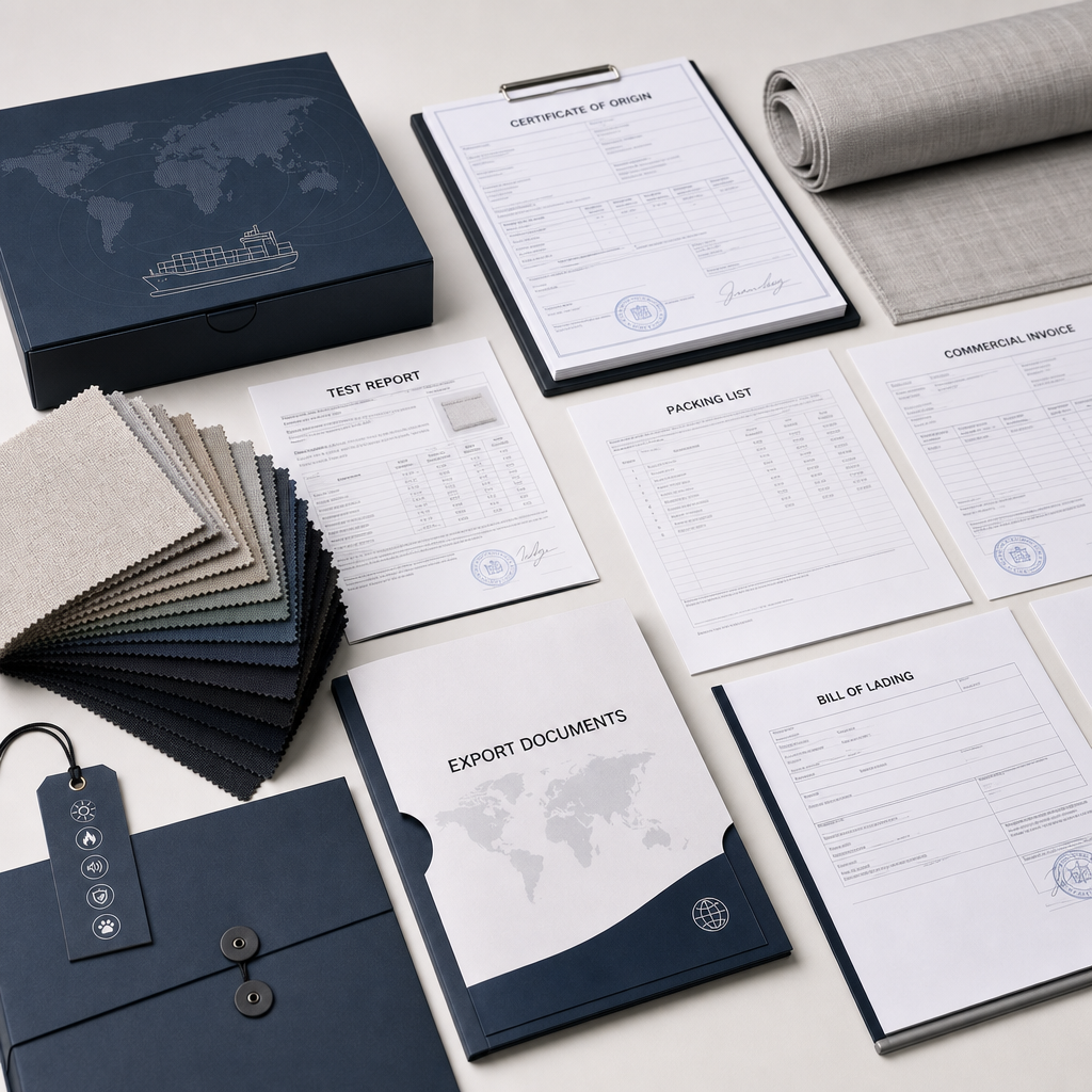 Export documentation pack with fabric swatches, certificates, and shipping paperwork