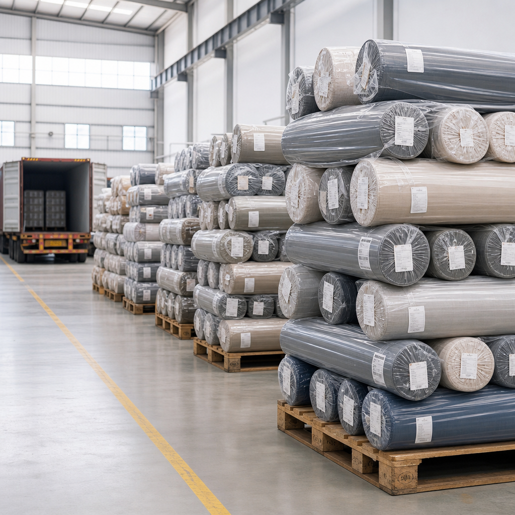 Export-ready curtain fabric rolls stacked on pallets inside a bright logistics warehouse with clear labeling