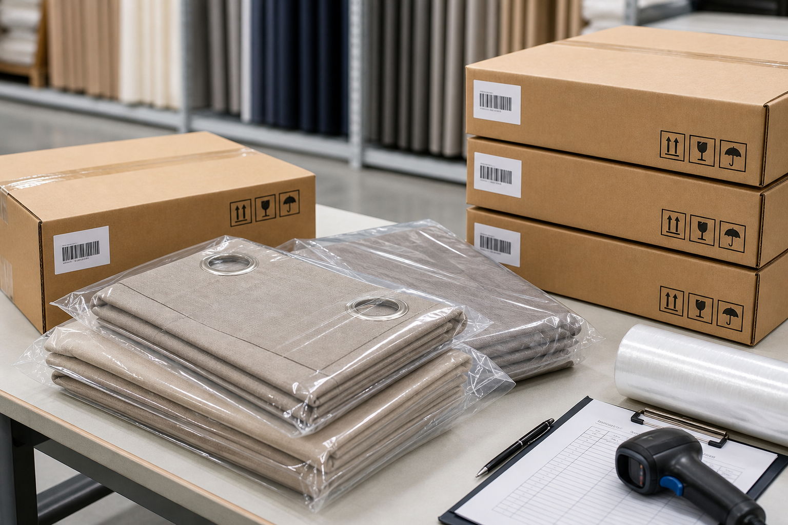 Export packaging layout for curtains with labeled cartons, barcodes, and protective wrap on a packing table