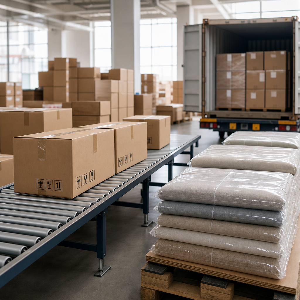 Export packing line with labeled cartons and folded curtain sets
