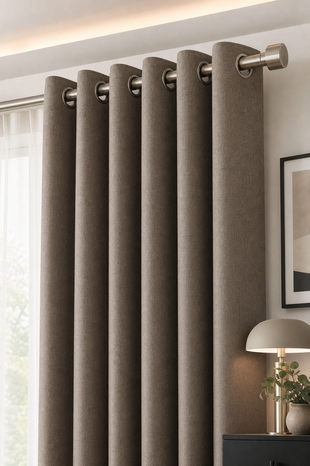 Eyelet curtains with brushed metal grommets in a modern setting