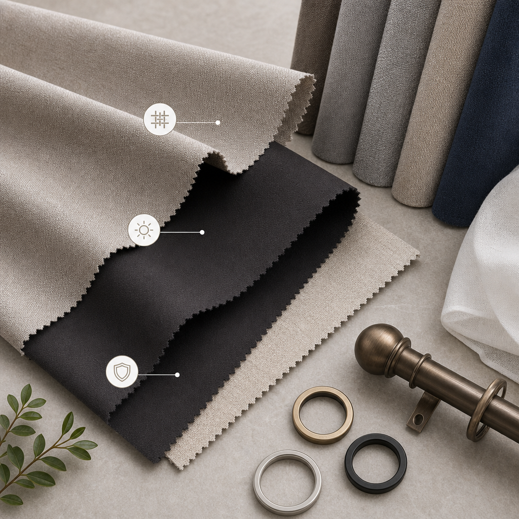 Fabric, lining, and finish selection laid out in a neutral textile palette