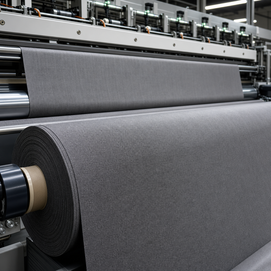 Close view of a fabric production line with large rolls of gray textile moving through precision machinery