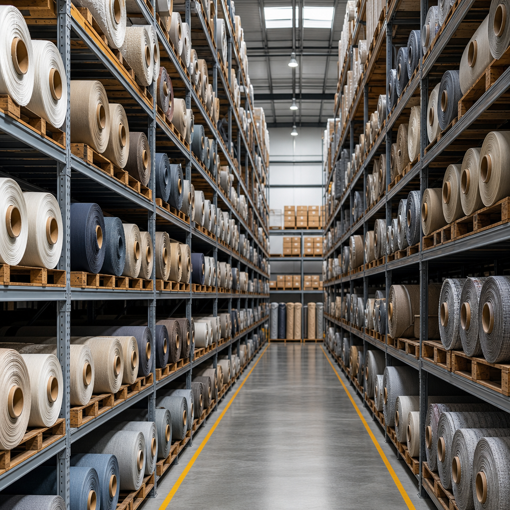 Rows of neatly stacked fabric rolls in a warehouse staging area