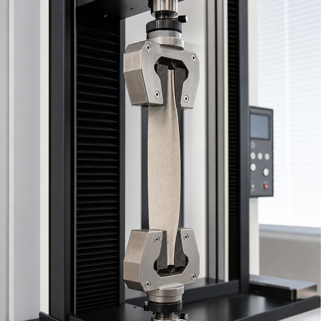 Close-up of a tensile strength testing machine gripping curtain fabric