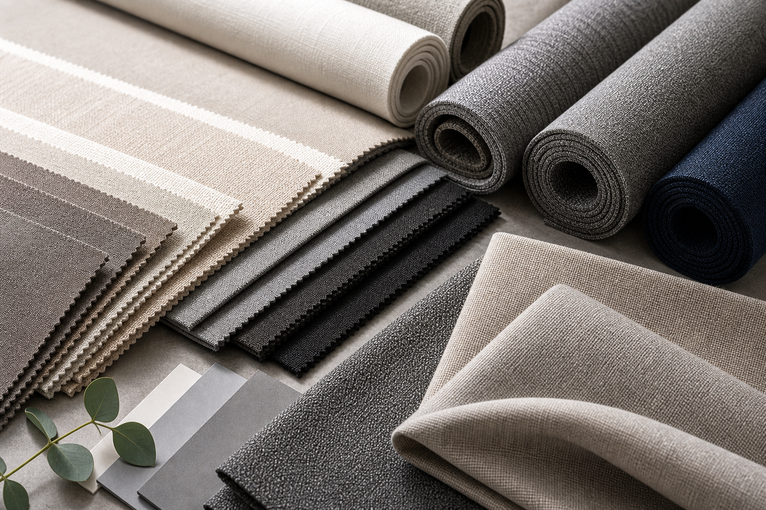 Premium curtain fabric swatches and texture rolls arranged on a studio table