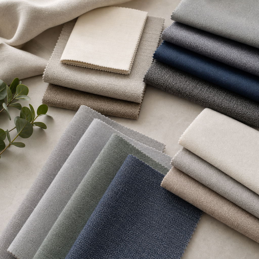 Assorted premium curtain fabric swatches arranged on a neutral tabletop
