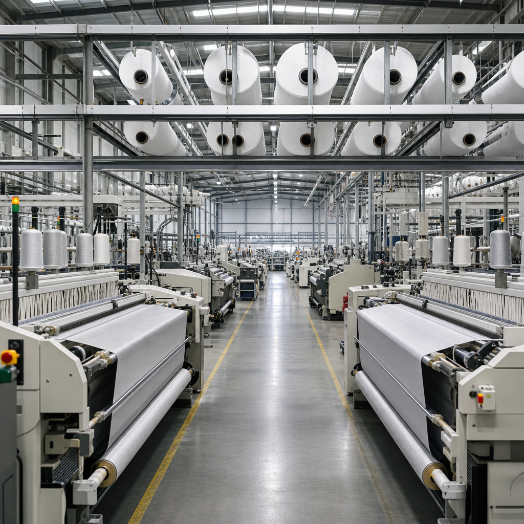 Large-scale textile factory floor with rows of weaving machines