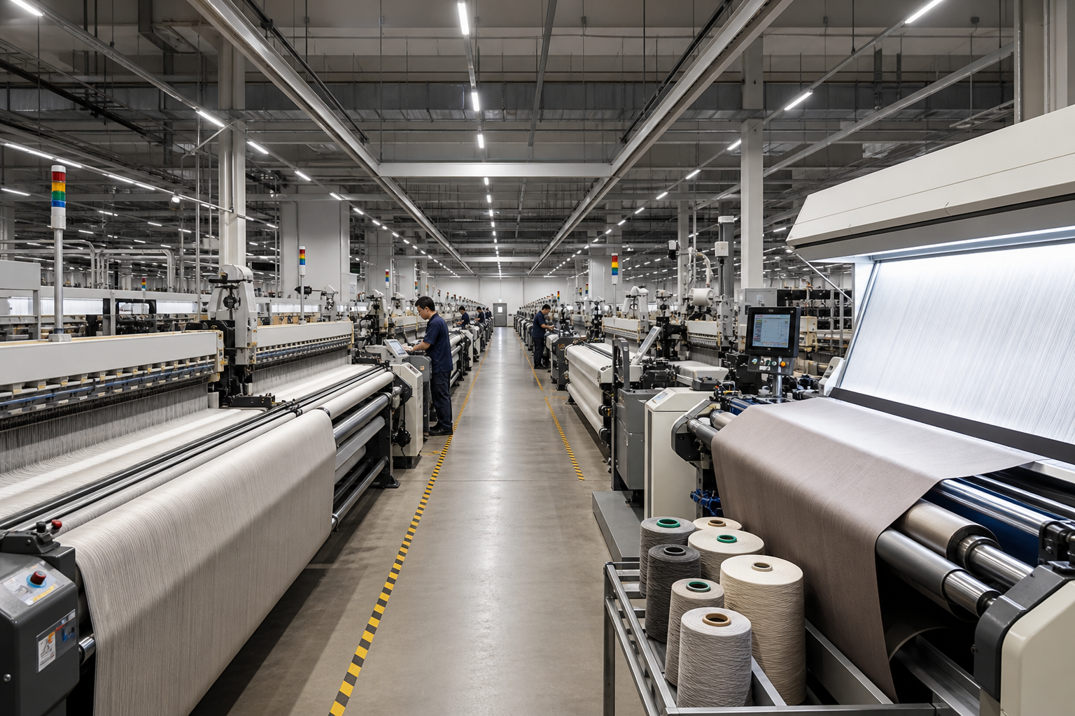 Modern curtain fabric factory floor with weaving and inspection equipment