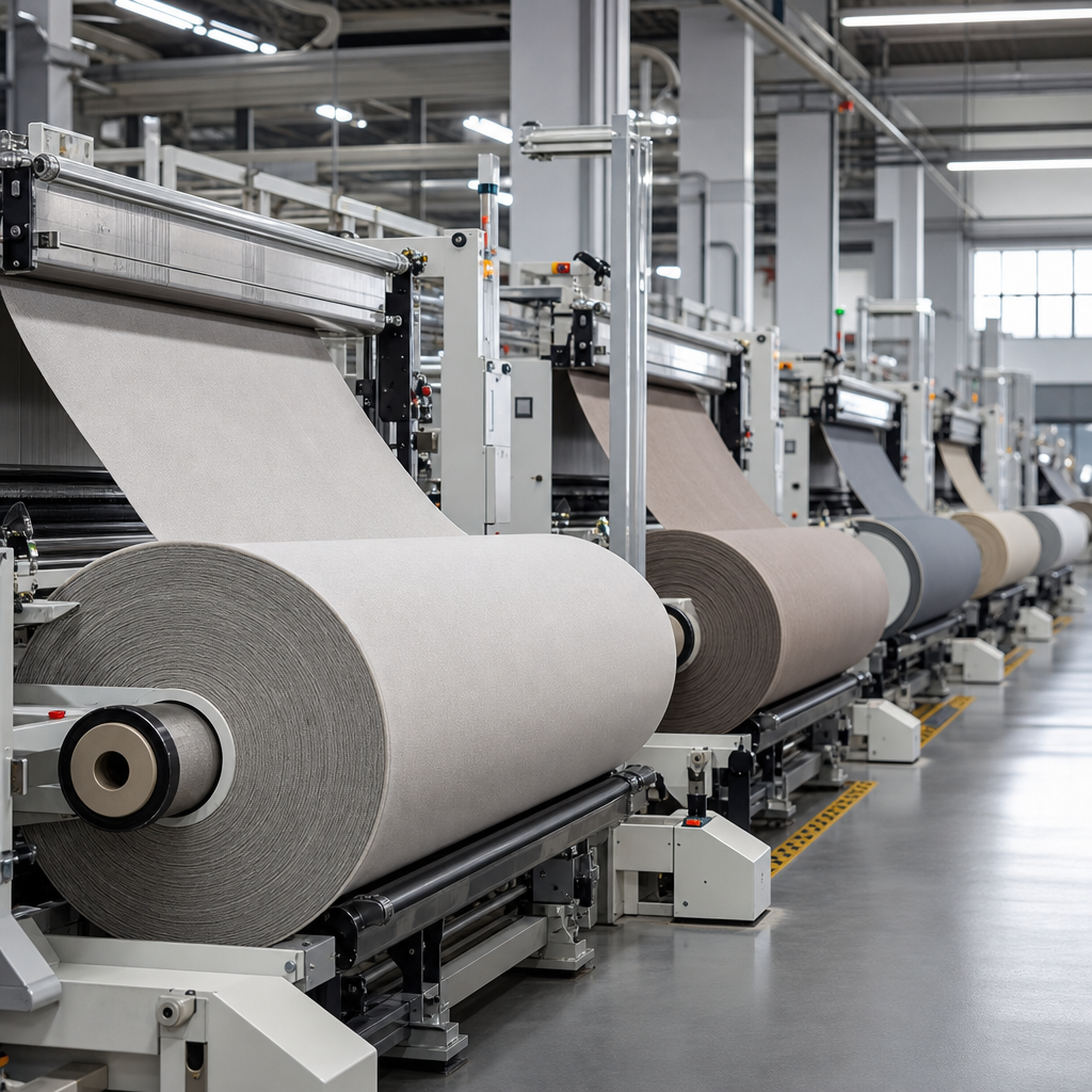 Textile factory production line with curtain fabric rolls
