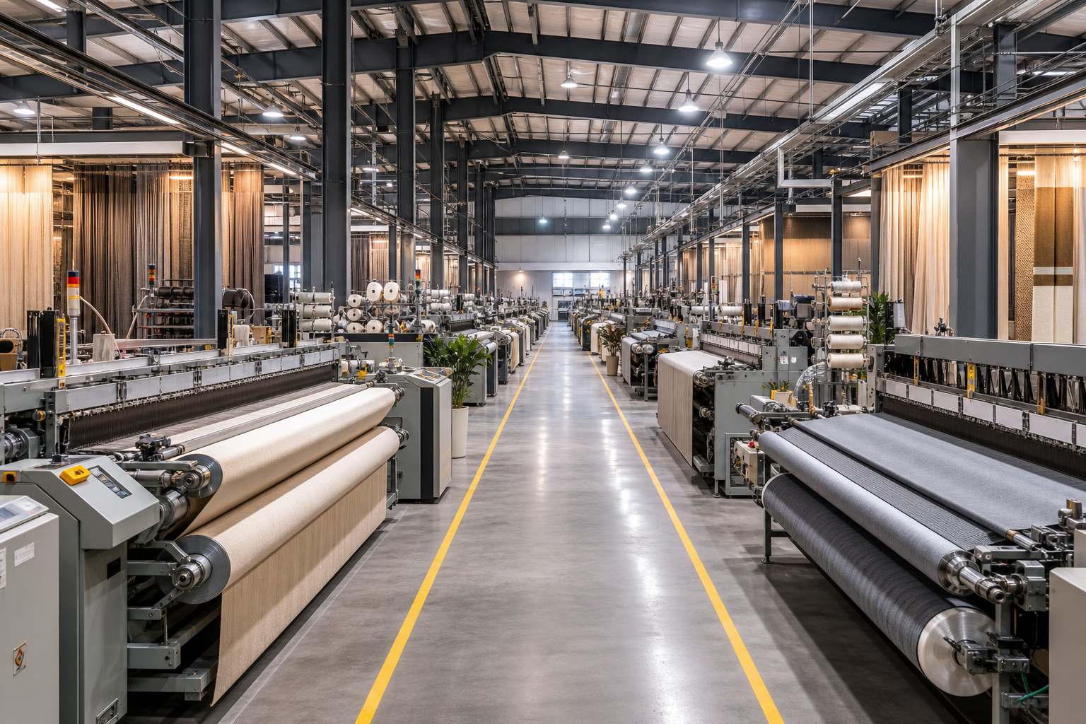 Wide view of a modern curtain fabric workshop with rows of weaving machines, steel beams, and warm industrial lighting