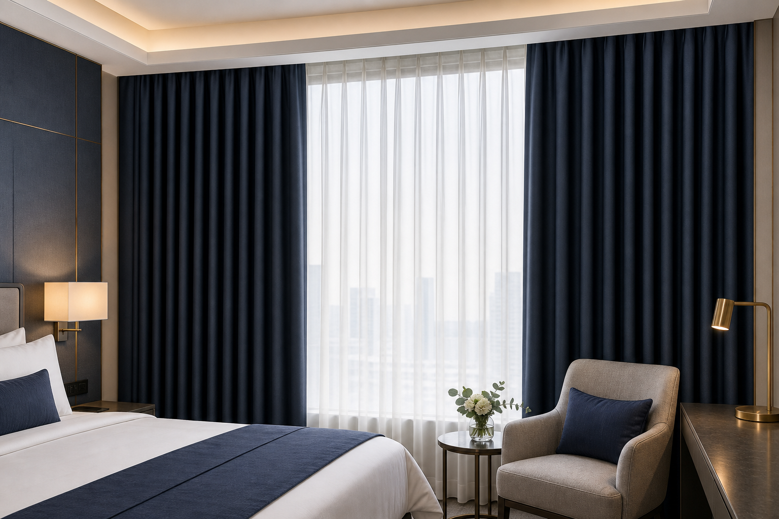 Finished blackout curtain panels on a hotel project mock-up, deep navy with structured pleats