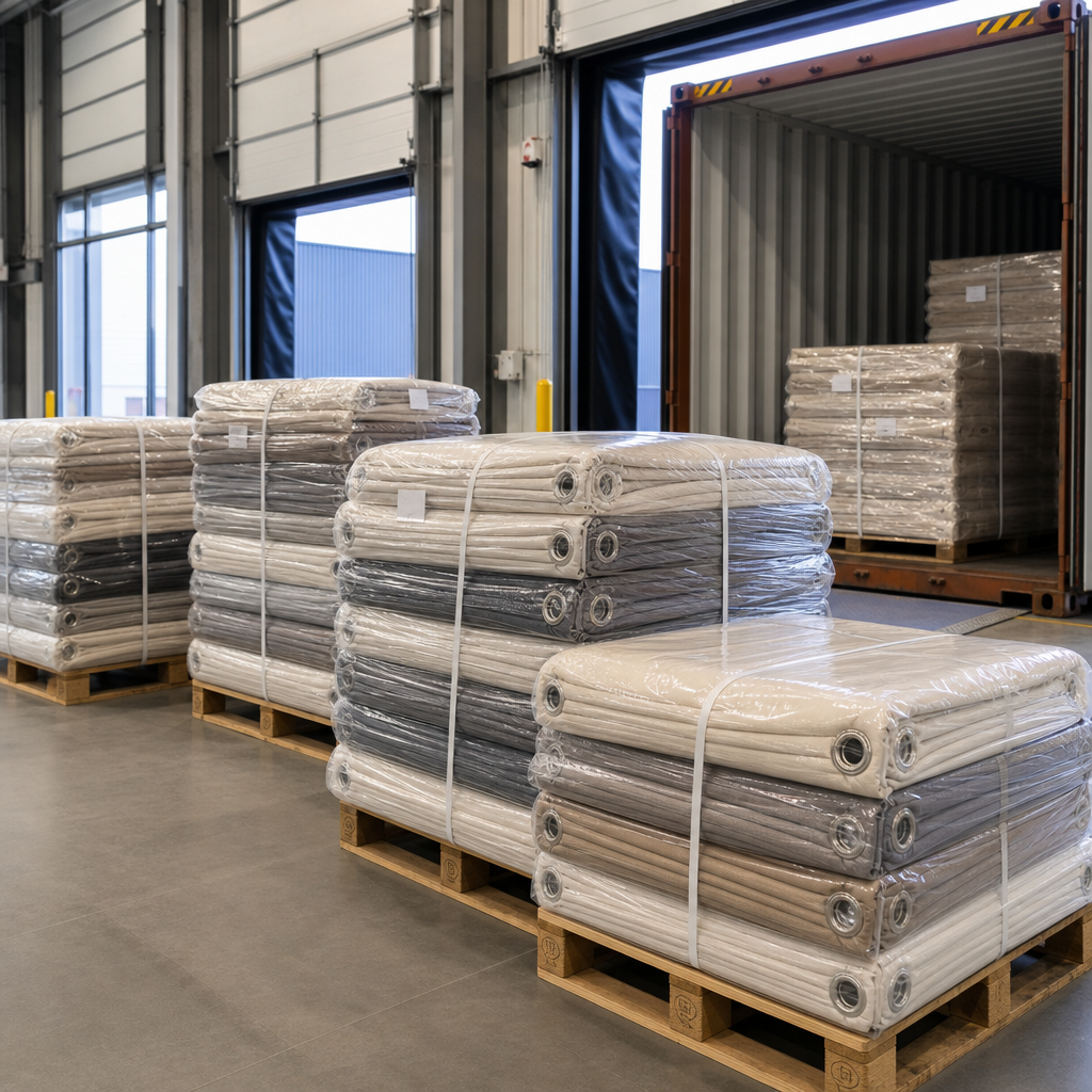 Neatly packaged finished curtains on pallets ready for container loading in a clean export warehouse