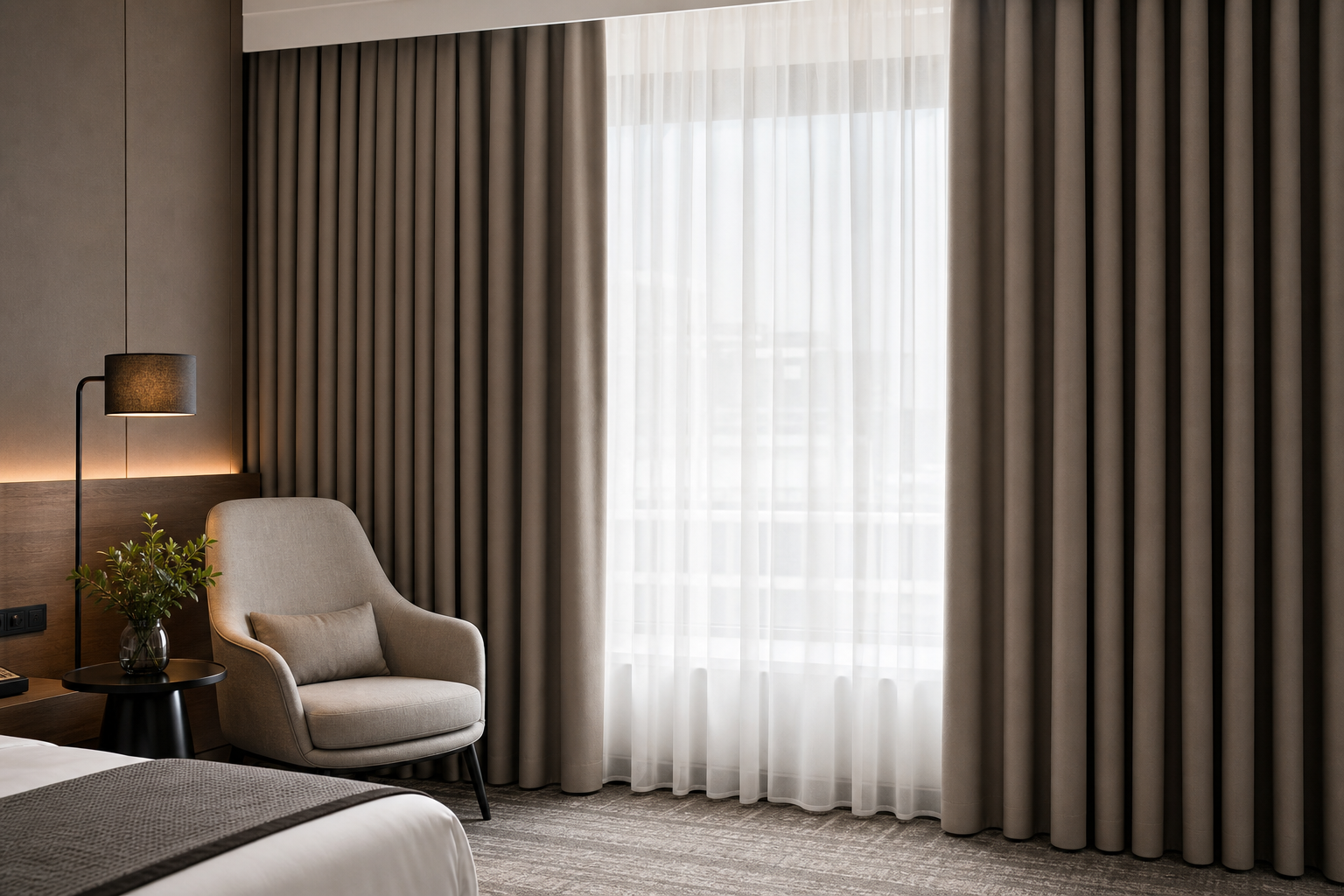Finished hotel-grade curtains hanging in a modern, softly lit interior